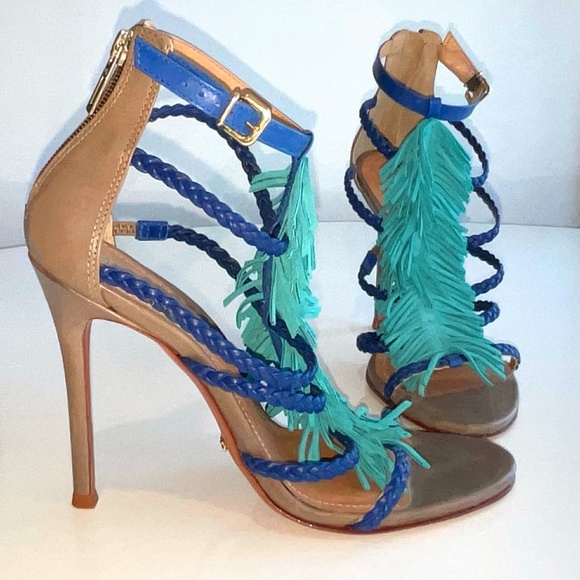 Schutz Carmen Fringe Middle Hinge Strap Heels Size 10 - Picture 2 of 6